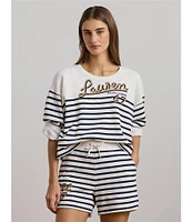 Lauren Ralph Lauren Striped French Terry Embroidered Crew Neck Long Sleeve Cropped Sweatshirt