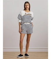 Lauren Ralph Lauren Striped French Terry Embroidered Crew Neck Long Sleeve Cropped Sweatshirt