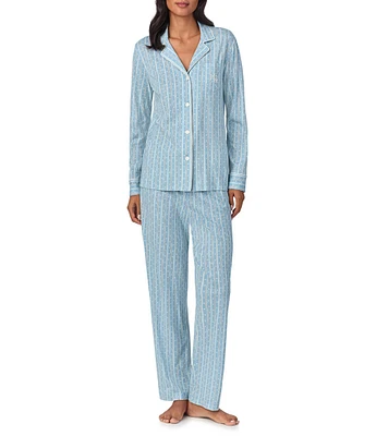 Lauren Ralph Lauren Striped Long Sleeve Notch Collar Long Pant Knit Pajama Set