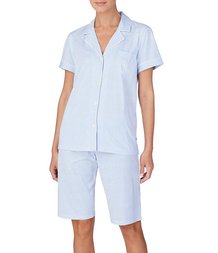 Lauren Ralph Lauren Striped Print Soft Jersey Knit Short Sleeve Chest Pocket Notch Collar Bermuda Coordinating Pajama Set