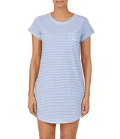 Lauren Ralph Lauren Striped Print Jersey Knit Jewel Neck Cuffed Short Sleeve Curved Hem Cotton Nightgown