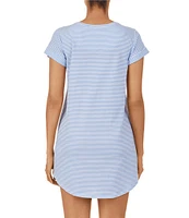 Lauren Ralph Lauren Striped Print Jersey Knit Jewel Neck Cuffed Short Sleeve Curved Hem Cotton Nightgown