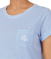 Lauren Ralph Lauren Striped Print Jersey Knit Jewel Neck Cuffed Short Sleeve Curved Hem Cotton Nightgown