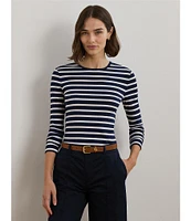 Lauren Ralph Lauren Striped Stretch Cotton Crew Neck Long Sleeve Tee