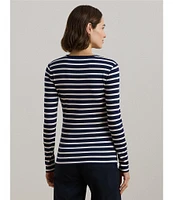 Lauren Ralph Lauren Striped Stretch Cotton Crew Neck Long Sleeve Tee