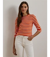 Lauren Ralph Lauren Striped Stretch Cotton Crew Neck Long Sleeve Tee