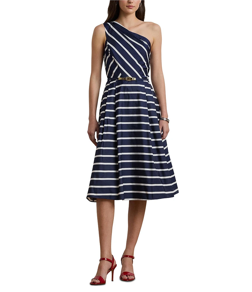 Lauren Ralph Lauren Taffeta Stripe Print One Shoulder Neck Sleeveless Belted Midi Dress