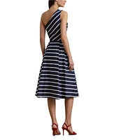 Lauren Ralph Lauren Taffeta Stripe Print One Shoulder Neck Sleeveless Belted Midi Dress