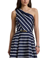 Lauren Ralph Lauren Taffeta Stripe Print One Shoulder Neck Sleeveless Belted Midi Dress