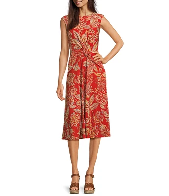 Lauren Ralph Lauren Tessanne Floral Motif Stretch Jersey Crew Neck Pleated Twist A-Line Midi Dress