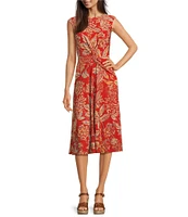 Lauren Ralph Lauren Tessanne Floral Motif Stretch Jersey Crew Neck Pleated Twist A-Line Midi Dress