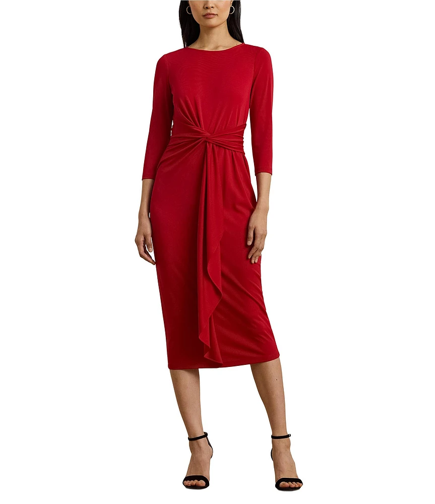 Lauren Ralph Lauren Thalneia Matte Jersey Boat Neck 3/4 Sleeve Front Twist Cascade Ruff Sheath Dress