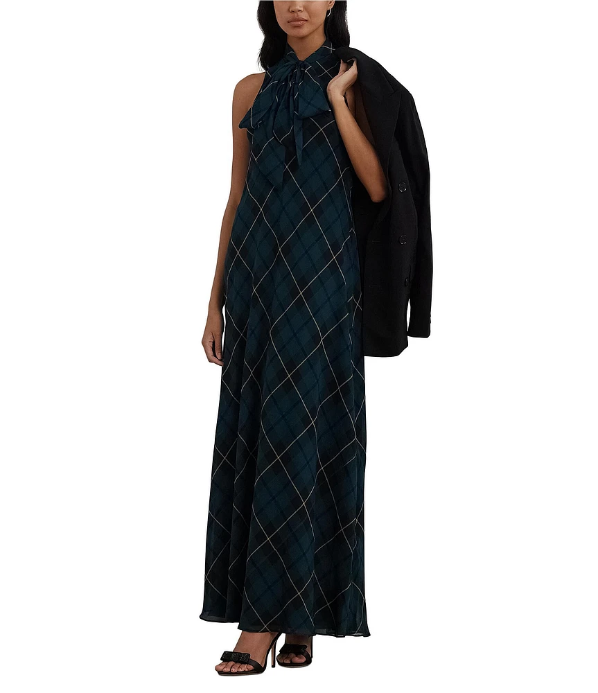 Lauren Ralph Lauren Tie Bow Neck Plaid Georgette A-Line Maxi Dress