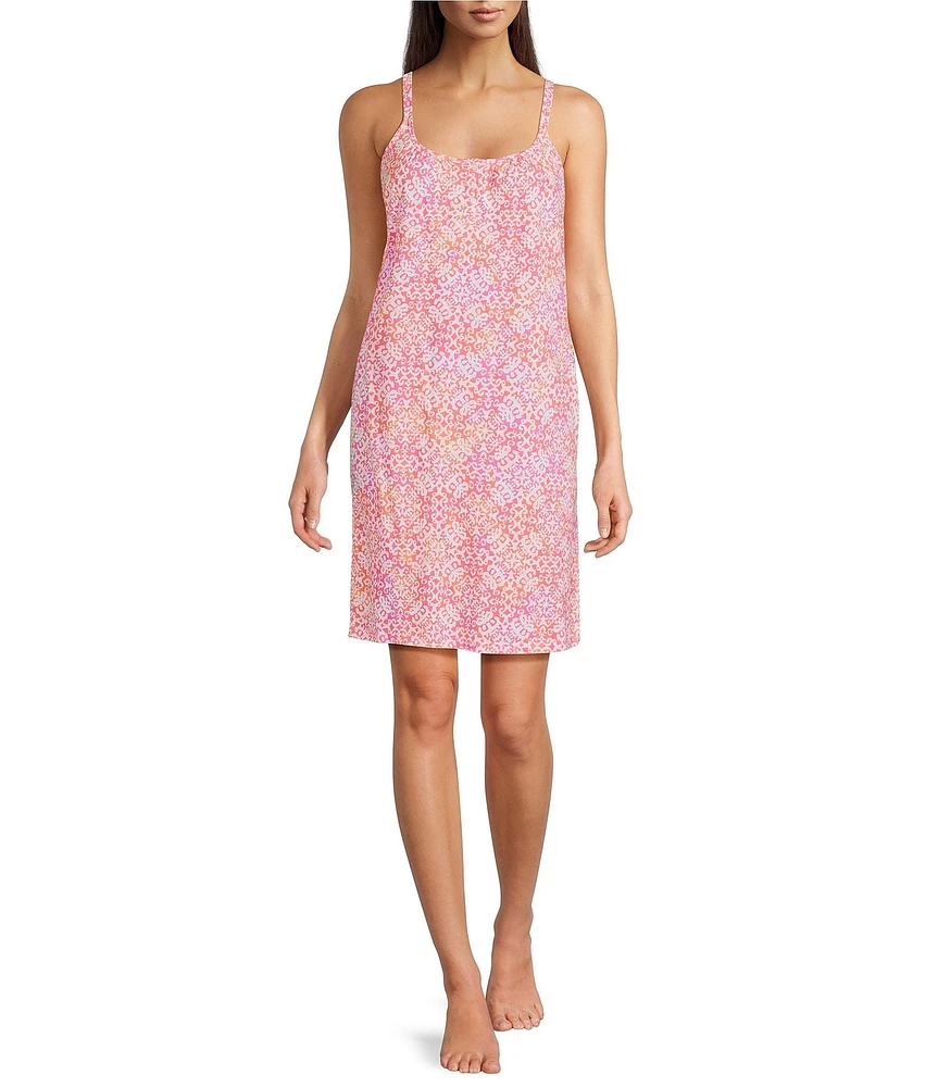 Lauren Ralph Lauren Tile Print Double Strap Scoop Neck Knit Short Nightgown