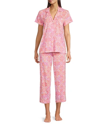 Lauren Ralph Lauren Tile Print Short Sleeve Notch Collar Knit Cropped Pajama Set