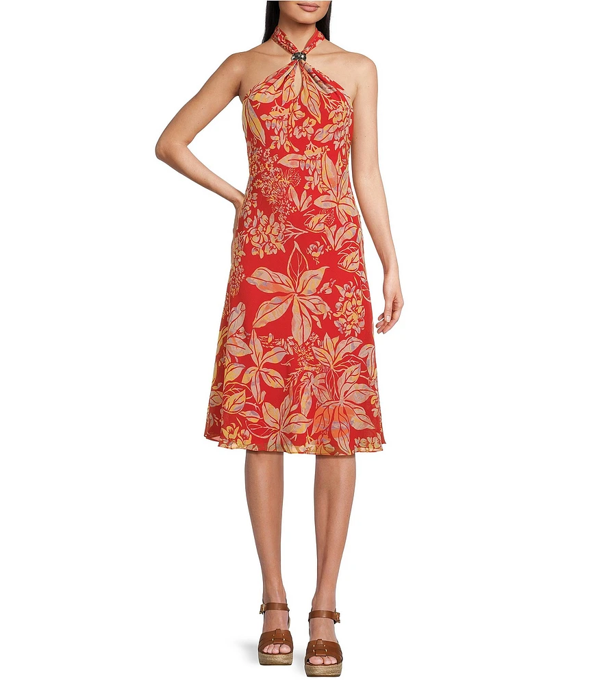 Lauren Ralph Lauren Travonne Floral Motif Crinkle Georgette Halter Neck Sleeveless A-Line Midi Dress