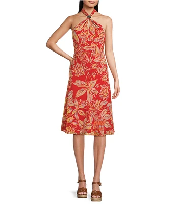 Lauren Ralph Lauren Travonne Floral Motif Crinkle Georgette Halter Neck Sleeveless A-Line Midi Dress