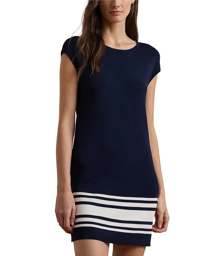 Lauren Ralph Lauren Two-Tone Crew Neck Cap Sleeve Shift Sweater Dress