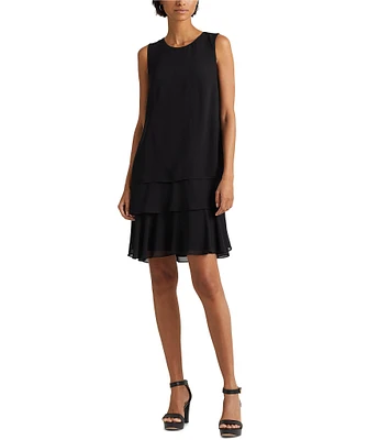 Lauren Ralph Lauren Tyree Crinkle Georgette Round Neck Sleeveless Tiered Mini Dress