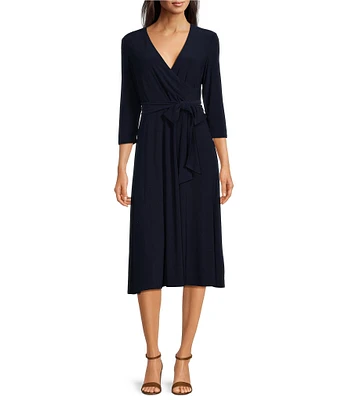 Lauren Ralph Lauren V-Neck 3/4 Sleeve A-Line Midi Dress