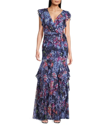 Lauren Ralph Lauren Vikrana Crinkle Georgette V-Neck Cap Sleeve Ruffle Front A-Line Dress