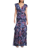 Lauren Ralph Lauren Vikrana Crinkle Georgette V-Neck Cap Sleeve Ruffle Front A-Line Dress