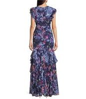 Lauren Ralph Lauren Vikrana Crinkle Georgette V-Neck Cap Sleeve Ruffle Front A-Line Dress