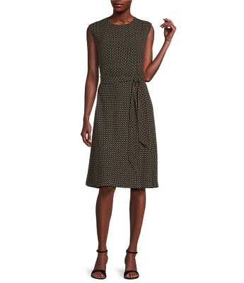 Lauren Ralph Lauren Vilodie Geometric Crepe Crew Neck Cap Sleeves Belted A-Line Dress