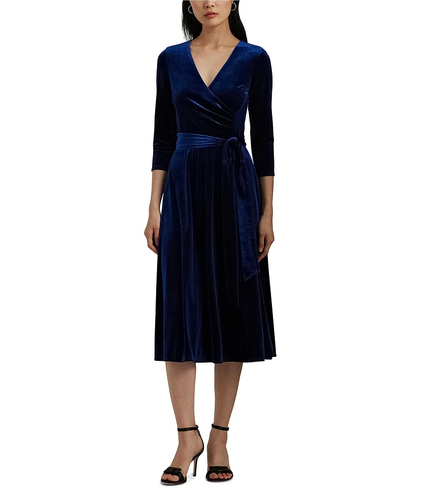 Lauren Ralph Lauren V-Neck 3/4 Sleeve Stretch Velvet Faux Wrap Midi Dress