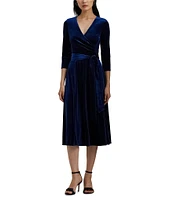 Lauren Ralph Lauren V-Neck 3/4 Sleeve Stretch Velvet Faux Wrap Midi Dress