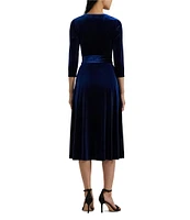 Lauren Ralph Lauren V-Neck 3/4 Sleeve Stretch Velvet Faux Wrap Midi Dress