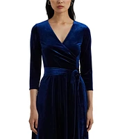 Lauren Ralph Lauren V-Neck 3/4 Sleeve Stretch Velvet Faux Wrap Midi Dress