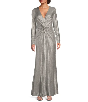 Lauren Ralph Lauren Vneck Twist Front Long Sleeve Metallic A-line Gown