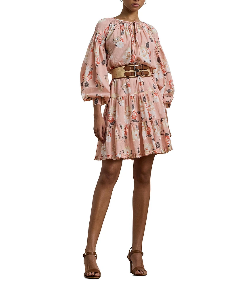 Lauren Ralph Lauren Voile Floral Print V-Neck Long Sleeves Tiered A-Line Dress