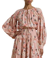 Lauren Ralph Lauren Voile Floral Print V-Neck Long Sleeves Tiered A-Line Dress