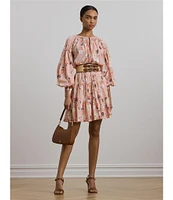 Lauren Ralph Lauren Voile Floral Print V-Neck Long Sleeves Tiered A-Line Dress