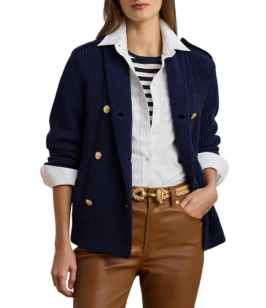 Lauren Ralph Lauren Wilmat Rib-Knit Double-Breasted Shawl Collar Long Sleeve Sweater Jacket