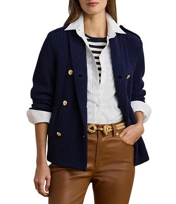 Lauren Ralph Lauren Wilmat Rib-Knit Double-Breasted Shawl Collar Long Sleeve Sweater Jacket