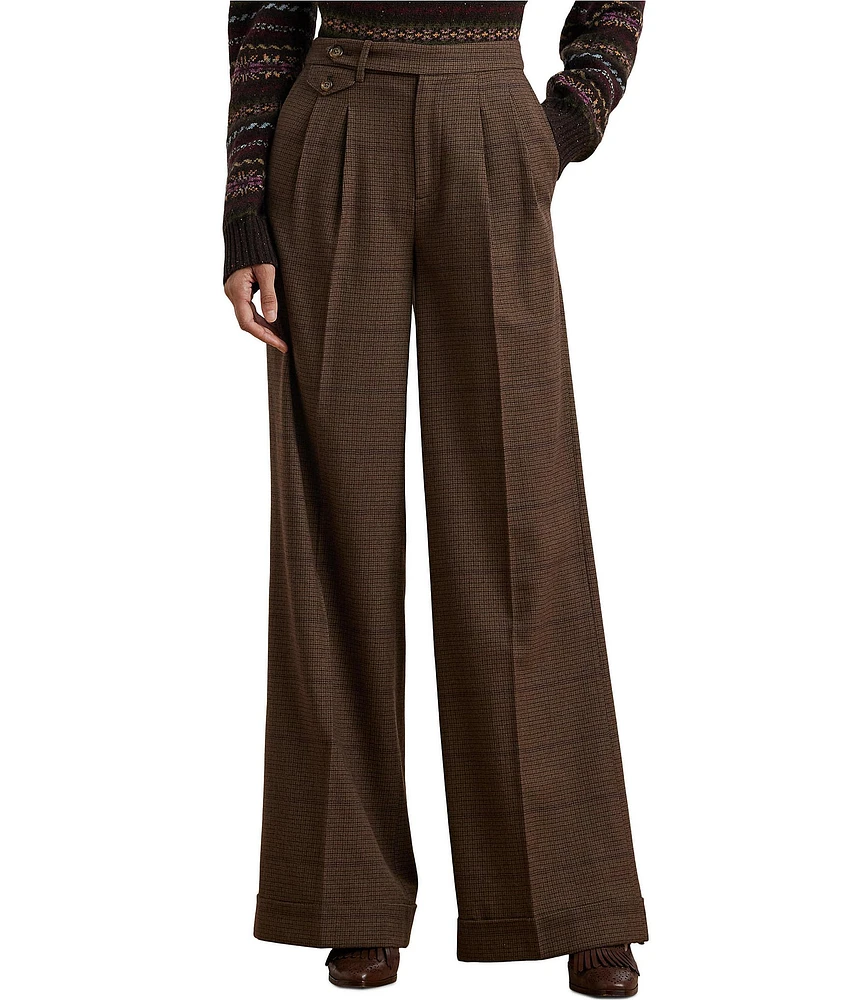 Lauren Ralph Lauren Wool Checked Pleated Coin Pocket Wide Leg Pants