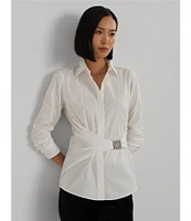 Lauren Ralph Lauren Woven Point Collar Long Sleeve Engraved Buckle Button Front Shirt