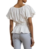 Lauren Ralph Lauren Woven Round Neck Short Sleeve Eyelet Embriodered Peplum Blouse