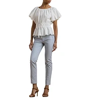 Lauren Ralph Lauren Woven Round Neck Short Sleeve Eyelet Embriodered Peplum Blouse