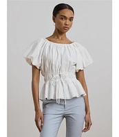 Lauren Ralph Lauren Woven Round Neck Short Sleeve Eyelet Embriodered Peplum Blouse