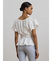 Lauren Ralph Lauren Woven Round Neck Short Sleeve Eyelet Embriodered Peplum Blouse