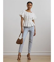 Lauren Ralph Lauren Woven Round Neck Short Sleeve Eyelet Embriodered Peplum Blouse