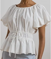 Lauren Ralph Lauren Woven Round Neck Short Sleeve Eyelet Embriodered Peplum Blouse
