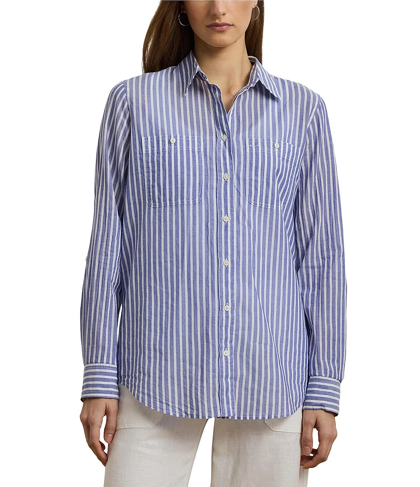 Lauren Ralph Lauren Woven Stripe Print Point Collar Roll Tab Long Sleeve Shirt
