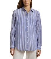 Lauren Ralph Lauren Woven Stripe Print Point Collar Roll Tab Long Sleeve Shirt