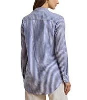 Lauren Ralph Lauren Woven Stripe Print Point Collar Roll Tab Long Sleeve Shirt