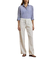 Lauren Ralph Lauren Woven Stripe Print Point Collar Roll Tab Long Sleeve Shirt